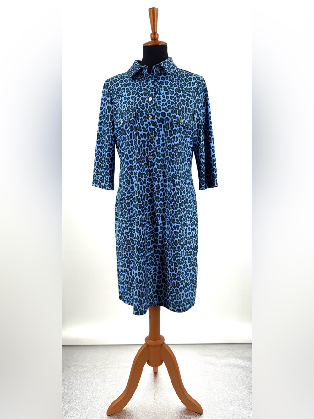 Jude Connally Susanna Blue Green Leopard Print Shirt Dress Size L